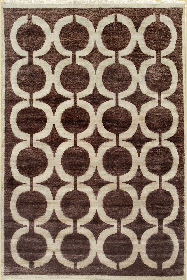 Hand Knotted WOOL/B.SILK Brown Geometric Geometric Modern Sik Knotted Rug, Made in India