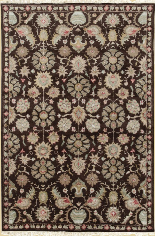 Hand Knotted WOOL/B.SILK Brown Floral Floral Modern Sik Knotted Rug, Made in India