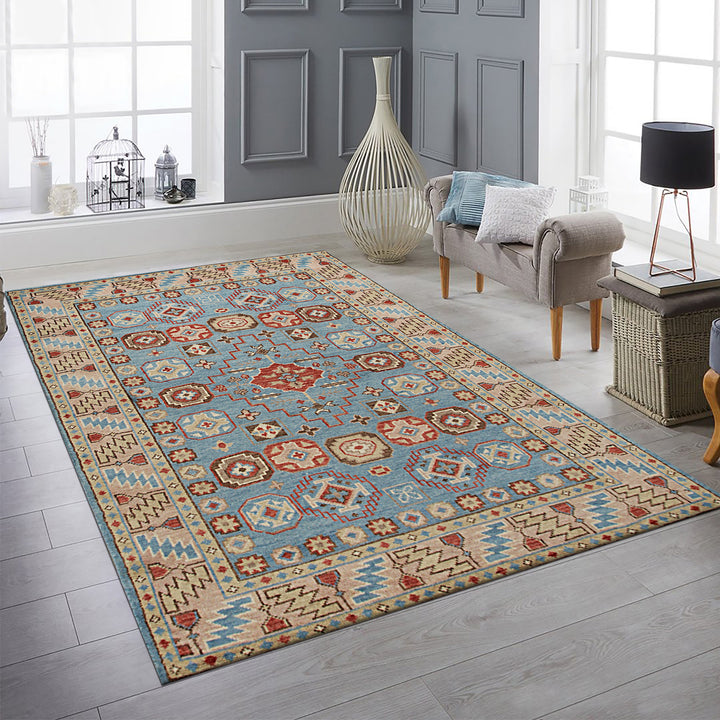 Hand Knotted WOOL Blue Traditional Geometric Modern Knotted Rug