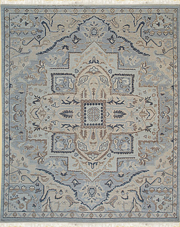 Hand Knotted Wool Blue Traditional Oriental Heriz Rug, Made in India