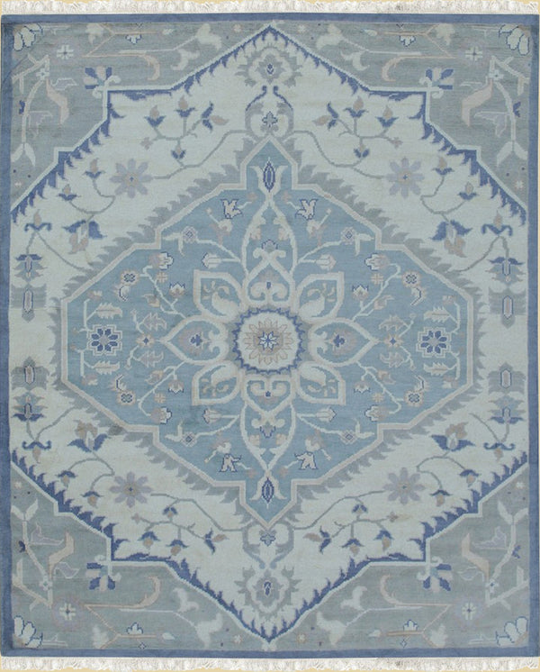 Hand-Knotted Wool Ivory Classic Floral Heriz Rug, Made in India
