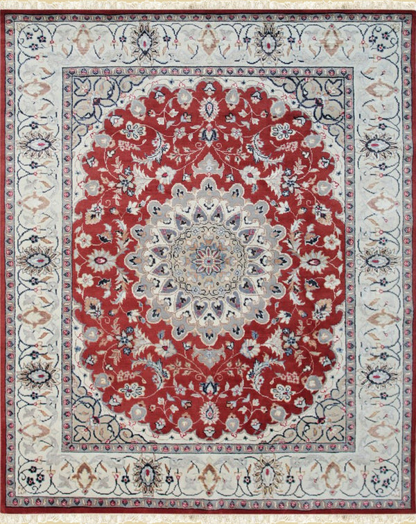Hand-Knotted Wool/ silk Red Traditional Classic  Rug, Made in India