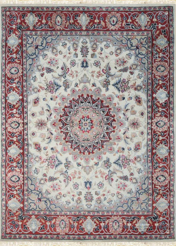 Hand-Knotted Wool/ silk Ivory Traditional Classic  Rug, Made in India