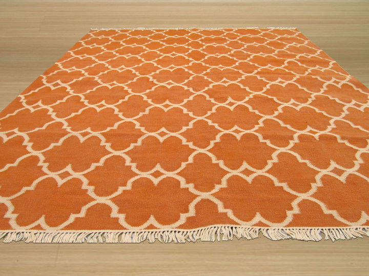 Handmade Polyester Orange Transitional Trellis Reversible Moroccan Outdoor Rug