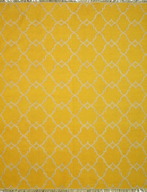 Handmade Polyester Yellow Transitional Trellis Reversible Moroccan Outdoor Rug, Made in India