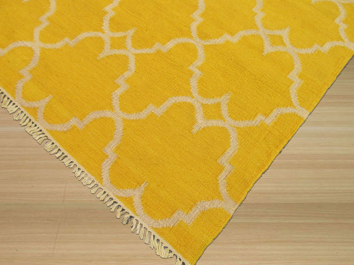 Handmade Polyester Yellow Transitional Trellis Reversible Moroccan Outdoor Rug