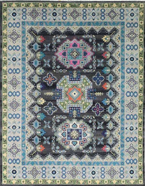 Hand Knotted Wool CHARCOAL / SILVER Traditional Classic Kazak Collection Rug, Made in India