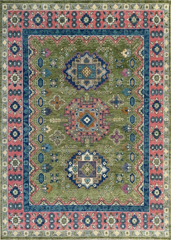 Durable and Stylish Hand Knotted Wool P.Green / LT.FUSHIA Traditional Classic Kazak Collection Rectangular Area Rugs  