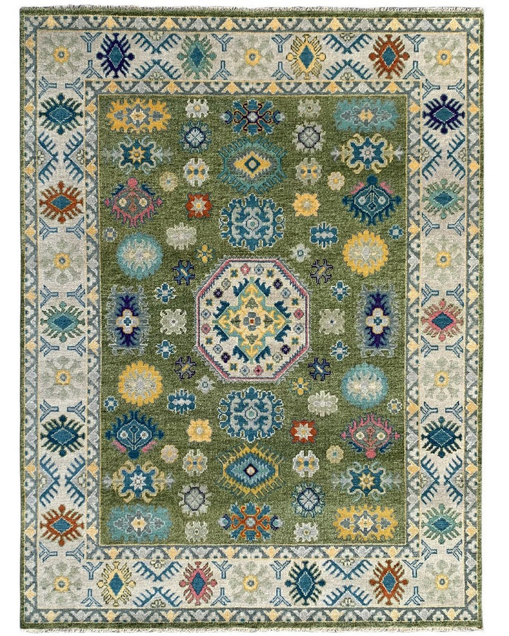Hand Knotted Wool LT.Green / Beige Traditional Classic Kazak Collection Rug