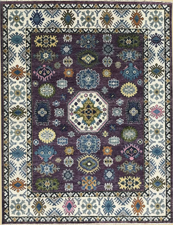 Hand Knotted Wool Purple / Ivory Traditional Classic Kazak Collection Rug, Made in India