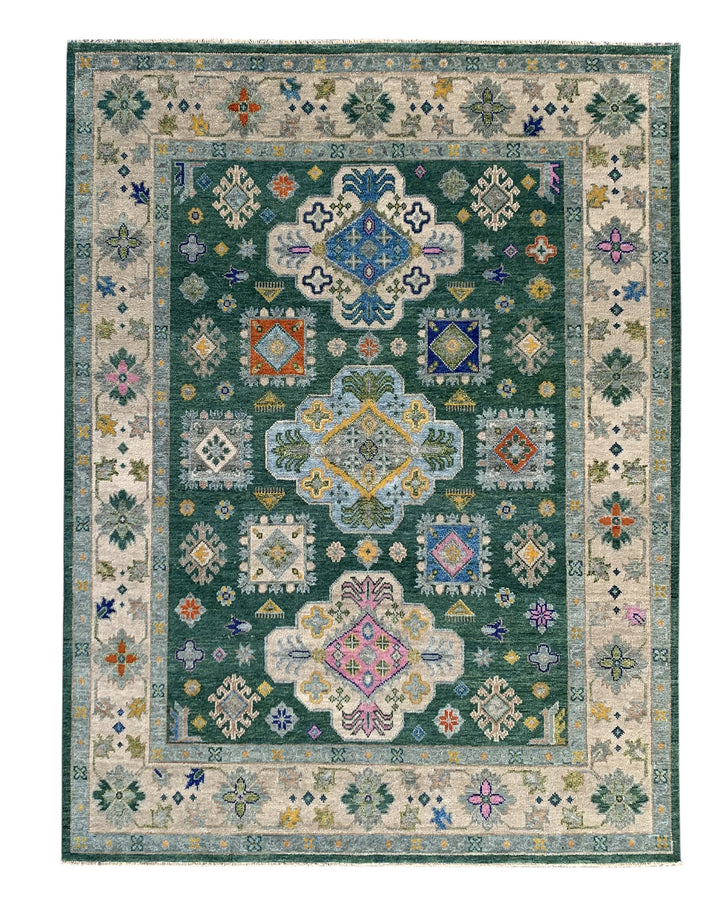 Hand Knotted Wool D.GREEN / Beige Traditional Classic Kazak Collection Rug
