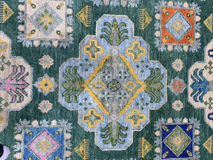 Hand Knotted Wool D.GREEN / Beige Traditional Classic Kazak Collection Rug