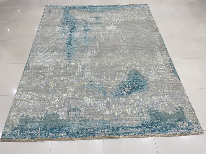 Gray / AQUA Transitional Abstract Traditional Knot Area Rug