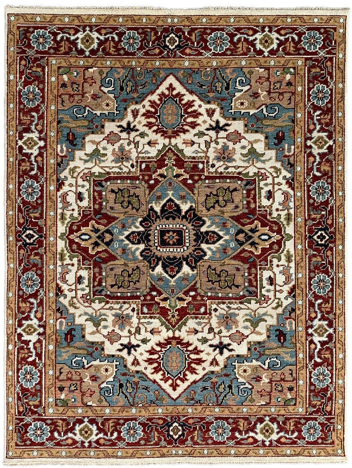 Hand Knotted Wool Ivory Traditional Classic Heriz Serapi  Rug