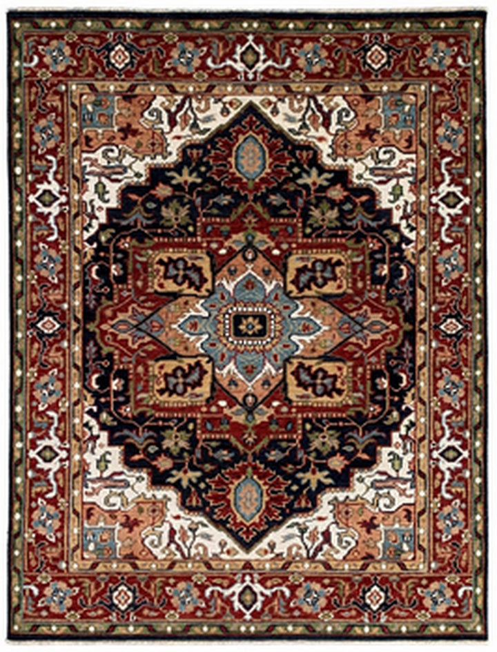 Hand Knotted Wool Red / Navy Traditional Classic Heriz Serapi Rug