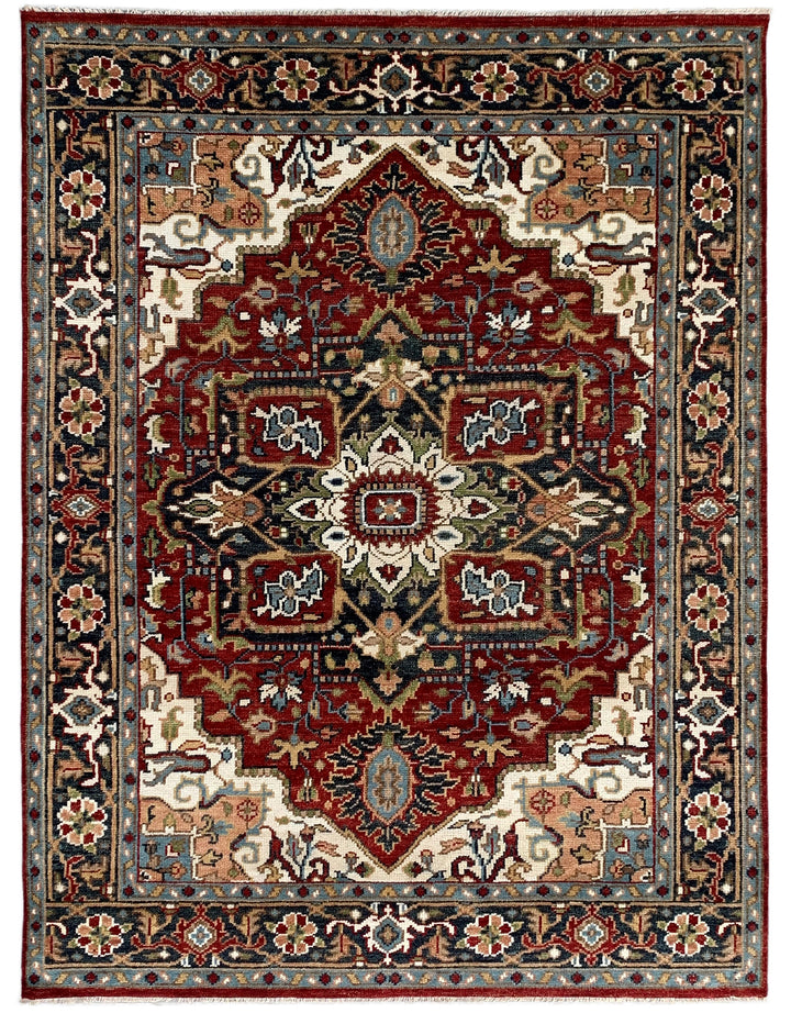 Hand Knotted Wool Red / Navy Traditional Classic Heriz Serapi  Rug
