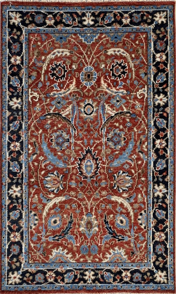 Hand Knotted Wool Red / Navy Traditional Classic Bidjar Collection Rug, Made in India