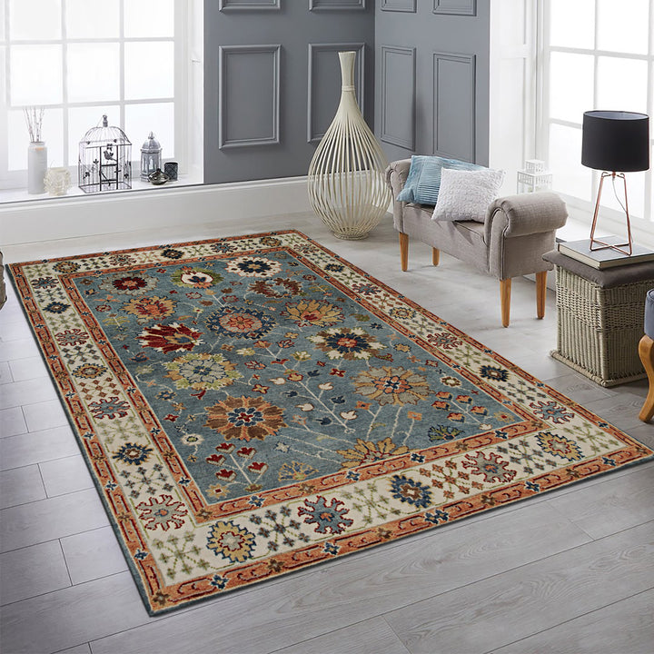 Hand Knotted Wool BLUE Traditional All Over Traditional Knot Rug
