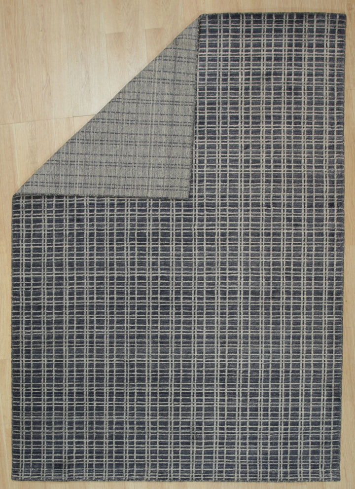 Handmade Wool & Viscose Blue Contemporary Geometric Loom Check Rug