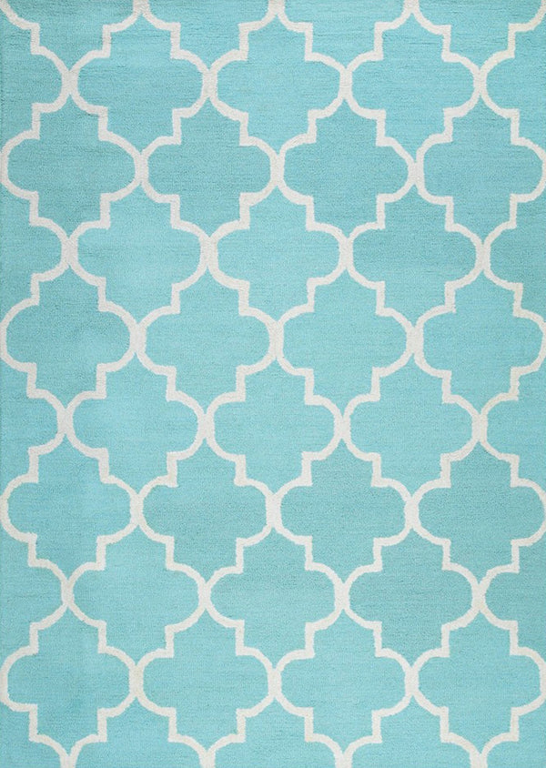Light Turquoise Traditional Trellis Geometric Moroccan Area Rug, Made in India