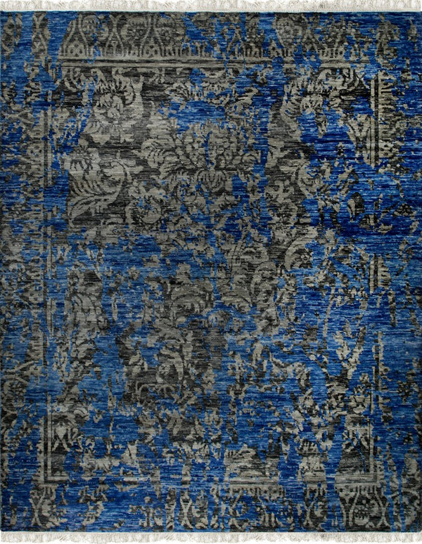 Hand-Knotted Wool & Bamboo Silk Blue Modern Floral Modern Classic Rug, Made in India