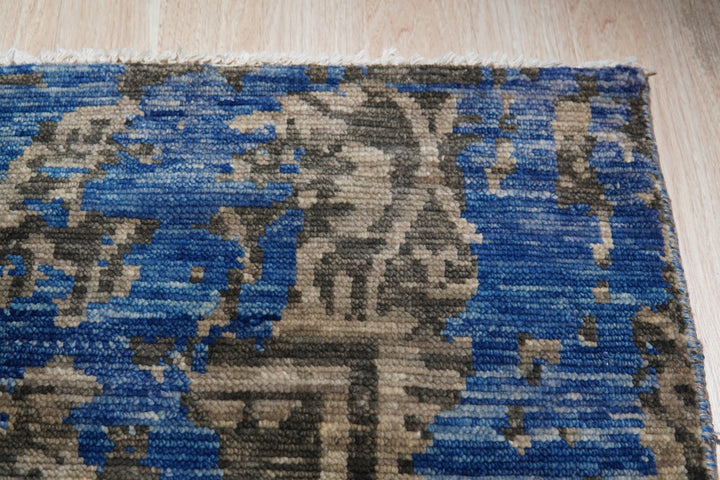 Hand-Knotted Wool & Bamboo Silk Blue Modern Floral Modern Classic Rug