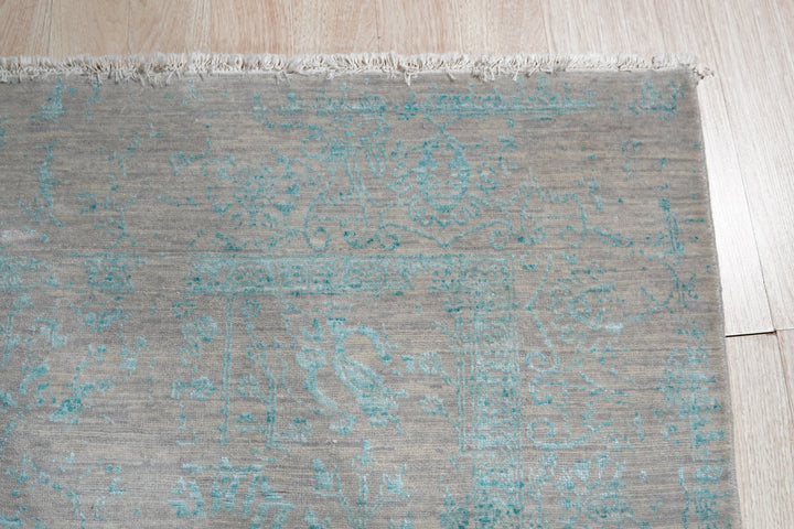 Hand-Knotted Wool & Bamboo Silk Turquoise  Modern Abstract Modern Classic Rug