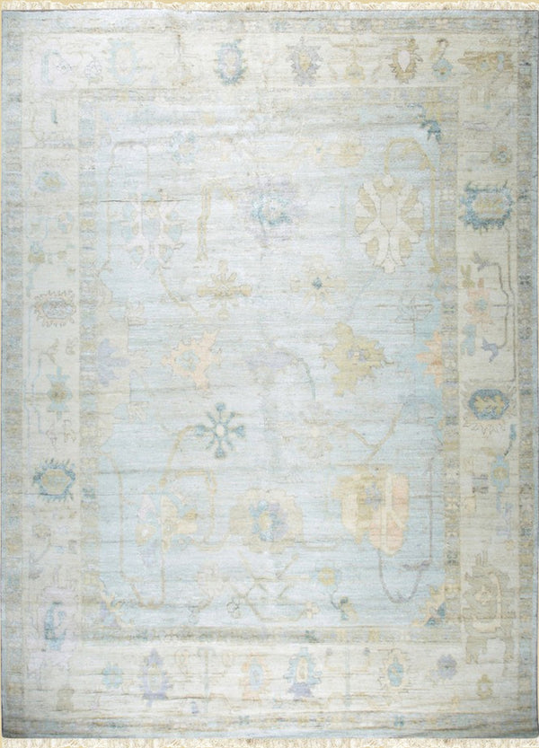Hand-Knotted Natural Silk Lt.Blue/ Lt.fawn  Classic Floral Natural Silk Oushak Rug