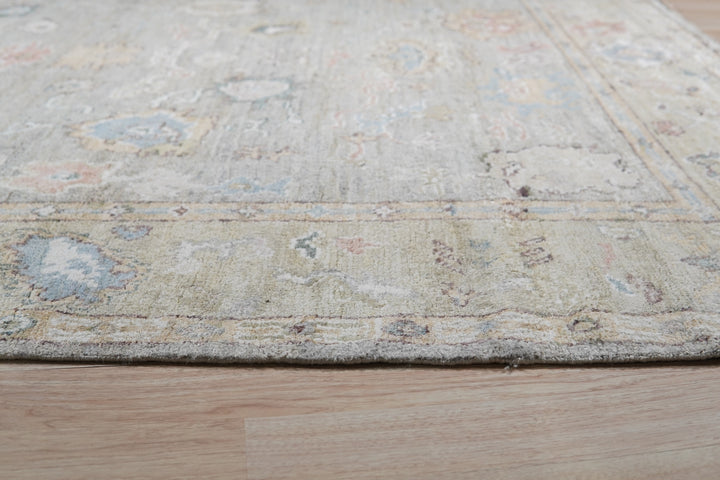 Hand-Knotted Natural Silk Grey/Light Olive Classic Floral Natural Silk Oushak Rug