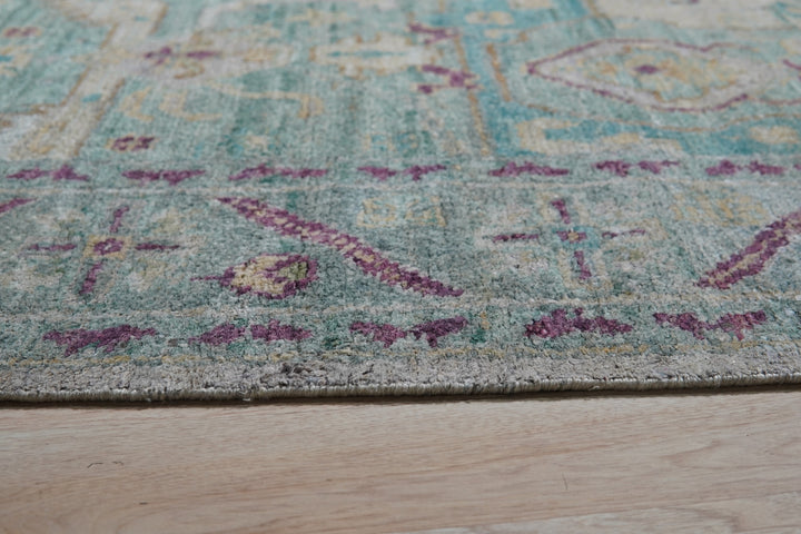 Hand-Knotted Natural Silk Green /Duck Green Classic Floral Natural Silk Oushak Rug
