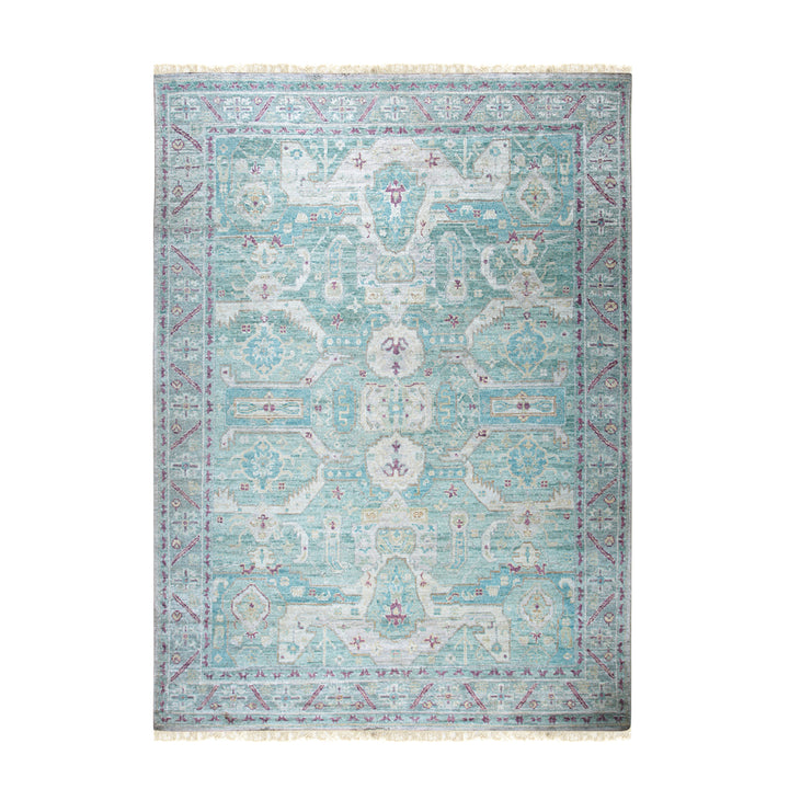 Hand-Knotted Natural Silk Green /Duck Green Classic Floral Natural Silk Oushak Rug