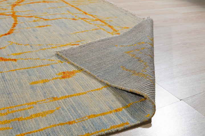 Hand-Knotted Wool with Silk Blue/ Orange Contemporary Modern Modern Knot Rug