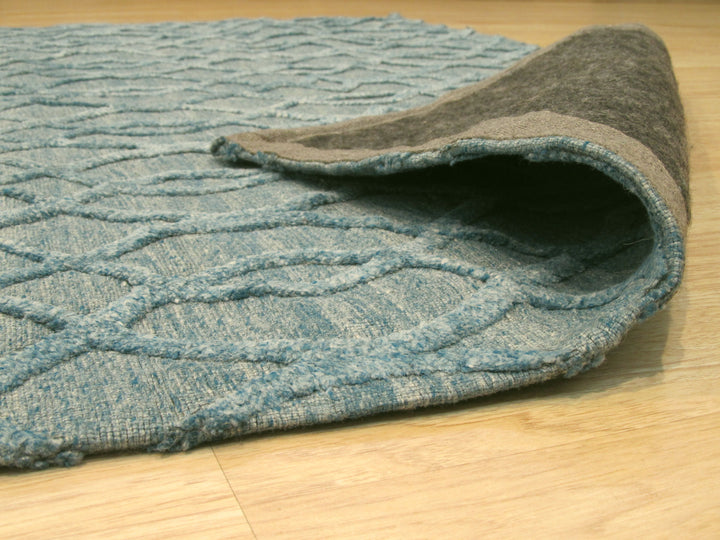 Handmade Wool & Viscose Blue Transitional Trellis Raga Rug