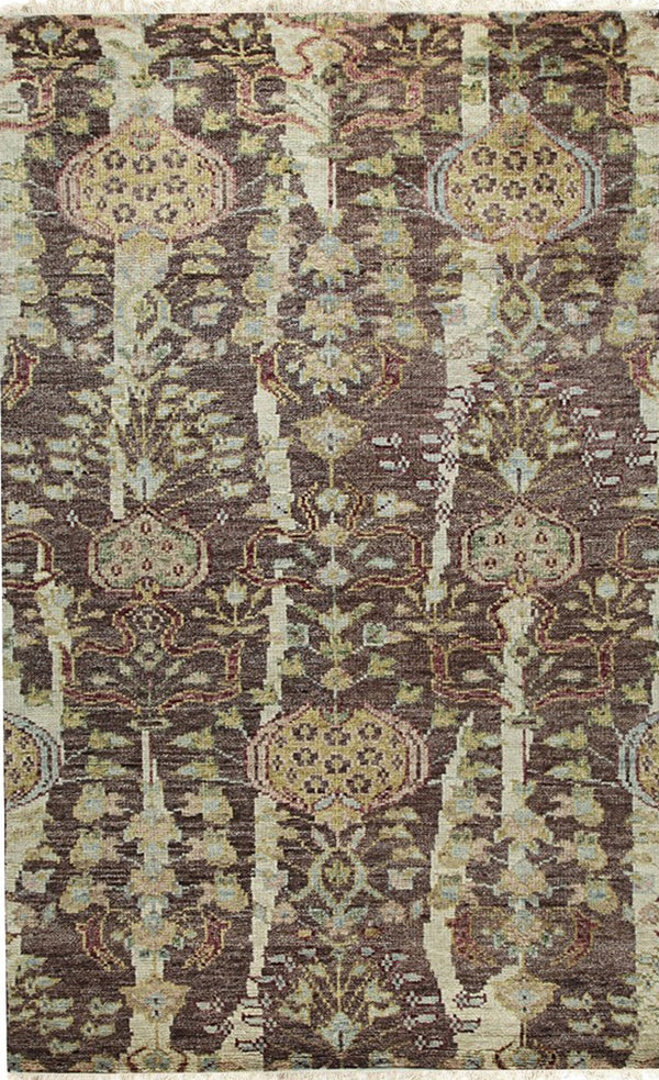 Brown Contemporary Floral Modern Knot Area Rug, Made in India