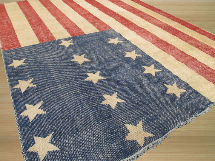 Hand Knotted Wool Red Casual Flag American Flag Rug