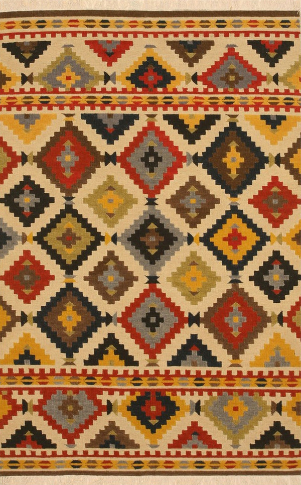 Handwoven Wool Ivory Traditional Geometric Kilim Rug, Made in India
