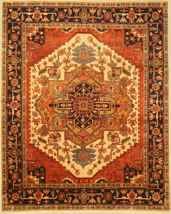 Hand Knotted Wool Ivory Traditional Oriental Serapi Rug, Made in India