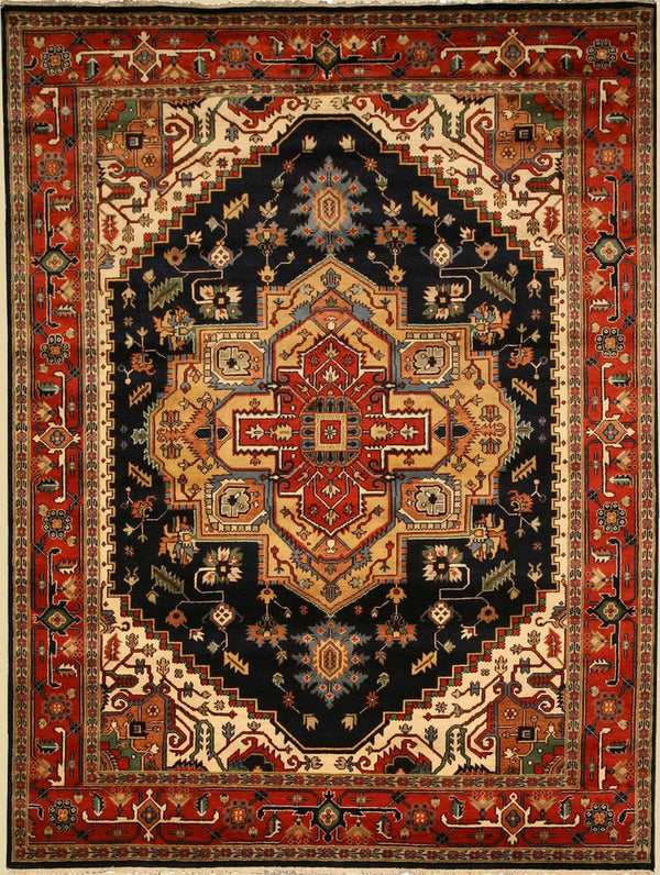 Hand Knotted Wool Navy Traditional Oriental Serapi Design Rug, Made in India