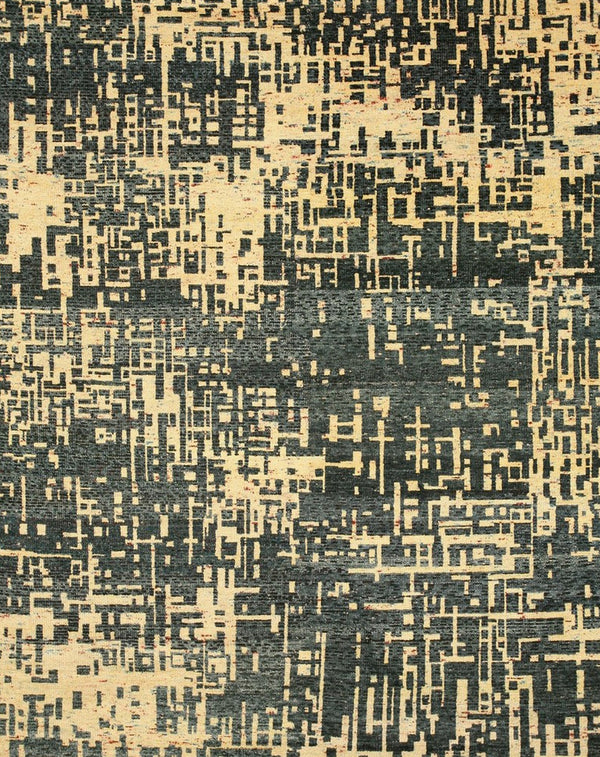 Hand Knotted SARI-SILK Blue Contemporary Abstract Anand Rug, Made in India