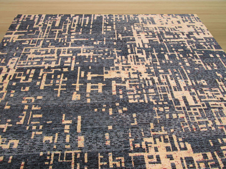 Hand Knotted SARI-SILK Blue Contemporary Abstract Anand Rug