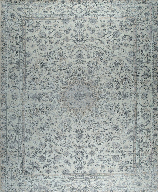 Hand-Knotted Wool Beige  Classic Traditional Wool and Viscose Kerman-Kashan-Isfahan Rug
