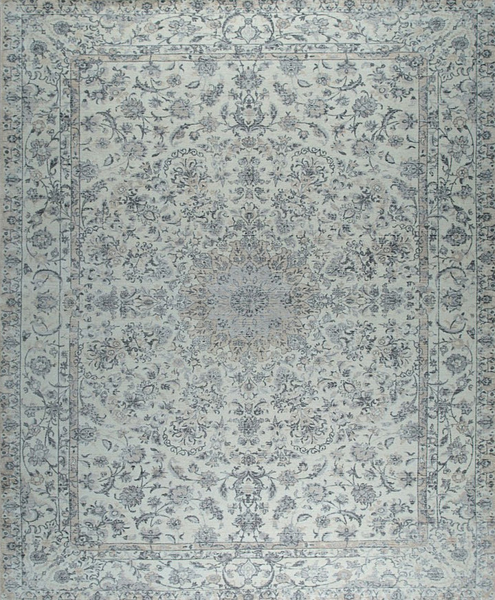 Hand-Knotted Wool Beige  Classic Traditional Wool and Viscose Kerman-Kashan-Isfahan Rug