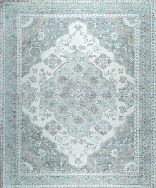 Hand-Knotted Wool Light Green Classic Traditional Heriz Serapi  Rug