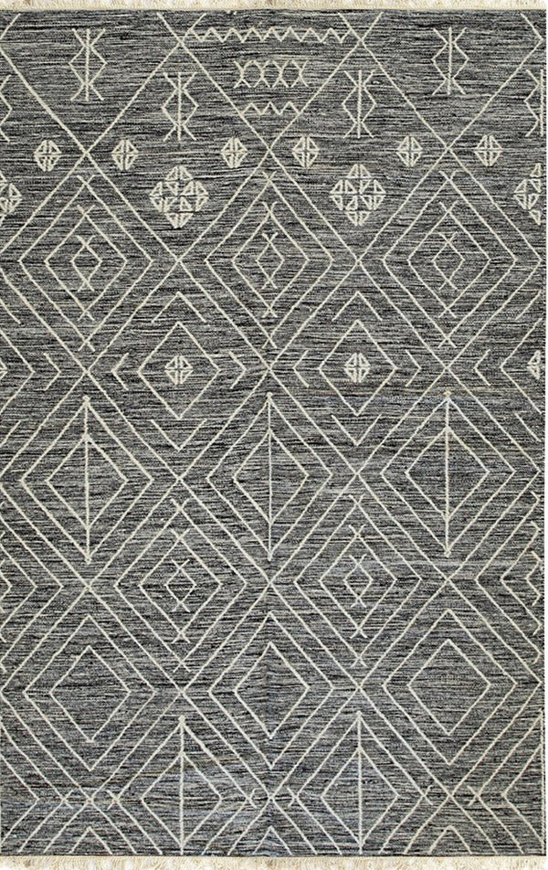 Handwoven Wool Charcoal Contemporary Geometric Punja Kilim Rug, Made in India