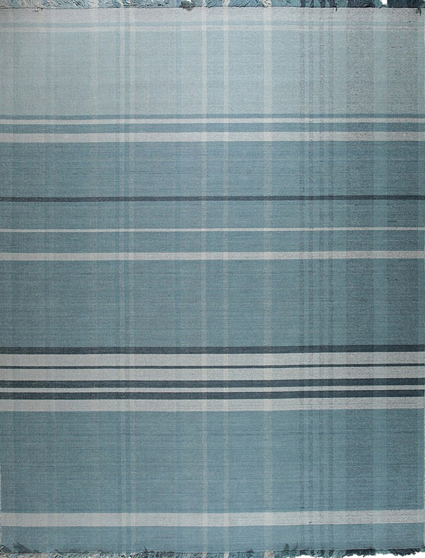 Hand-Knotted Wool Blue Contemporary Plaid Flat Weave Rug