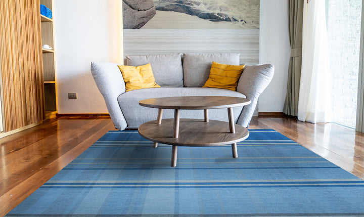 Hand-Knotted Denim Contemporary Plaid Flat Weave Rectangular Wool Area Rugs