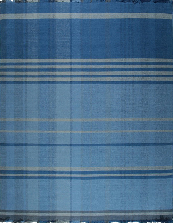 Hand-Knotted Wool Denim Contemporary Plaid Flat Weave Rug