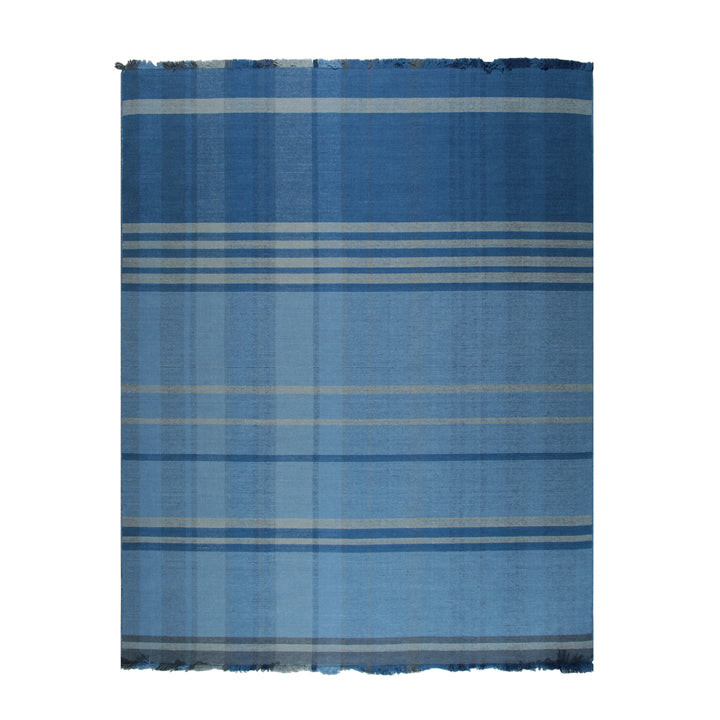 Hand-Knotted Wool Denim Contemporary Plaid Flat Weave Rug