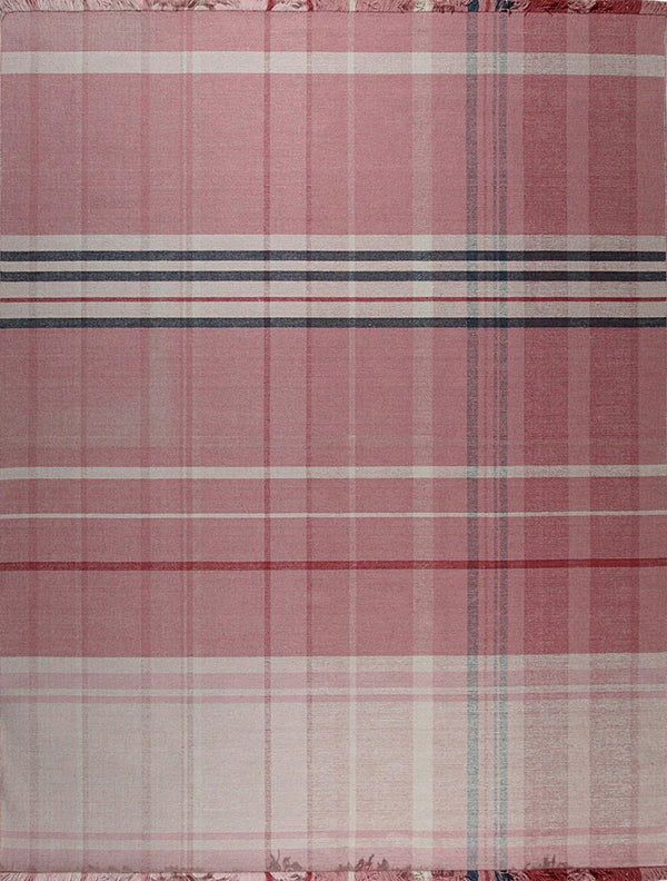 Hand-Knotted Wool Pink Contemporary Plaid Flat Weave Rug