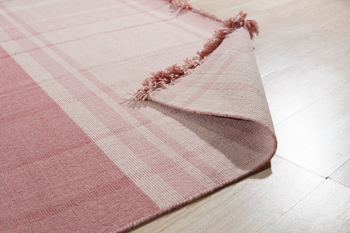 Hand-Knotted Pink Contemporary Plaid Flat Weave Rectangular Area Rugs